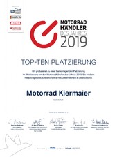 Am 20. November 2019 konnten wir bei der Wahl zum Motorradhändler des Jahres 2019 einen hervorragenden TOP 10 Platz erreichen.